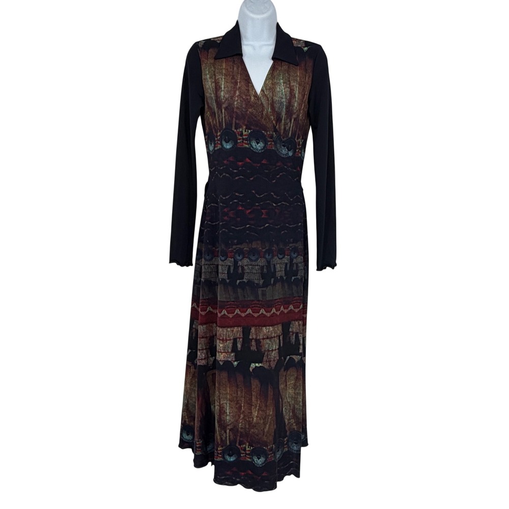 Vintage Y2K ANAC Mesh Maxi Dress S Abstract Print Art to Wear Whimsigoth Grunge